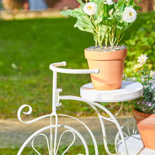 Glitzhome® 24" White Metal Tricycle Planter Stand with Solid Wood Tray